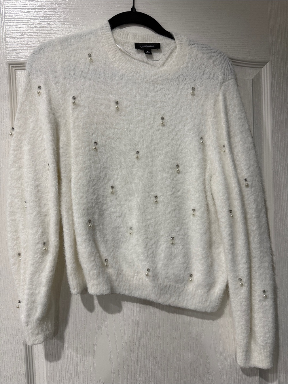 Calvin Klein Ivory Pearl-Embellished Crewneck Sweater